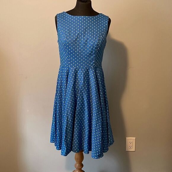 Grace Karin Women's Blue Polka Dots Sleeveless Fit And Flare Dress - Picture 1 of 10